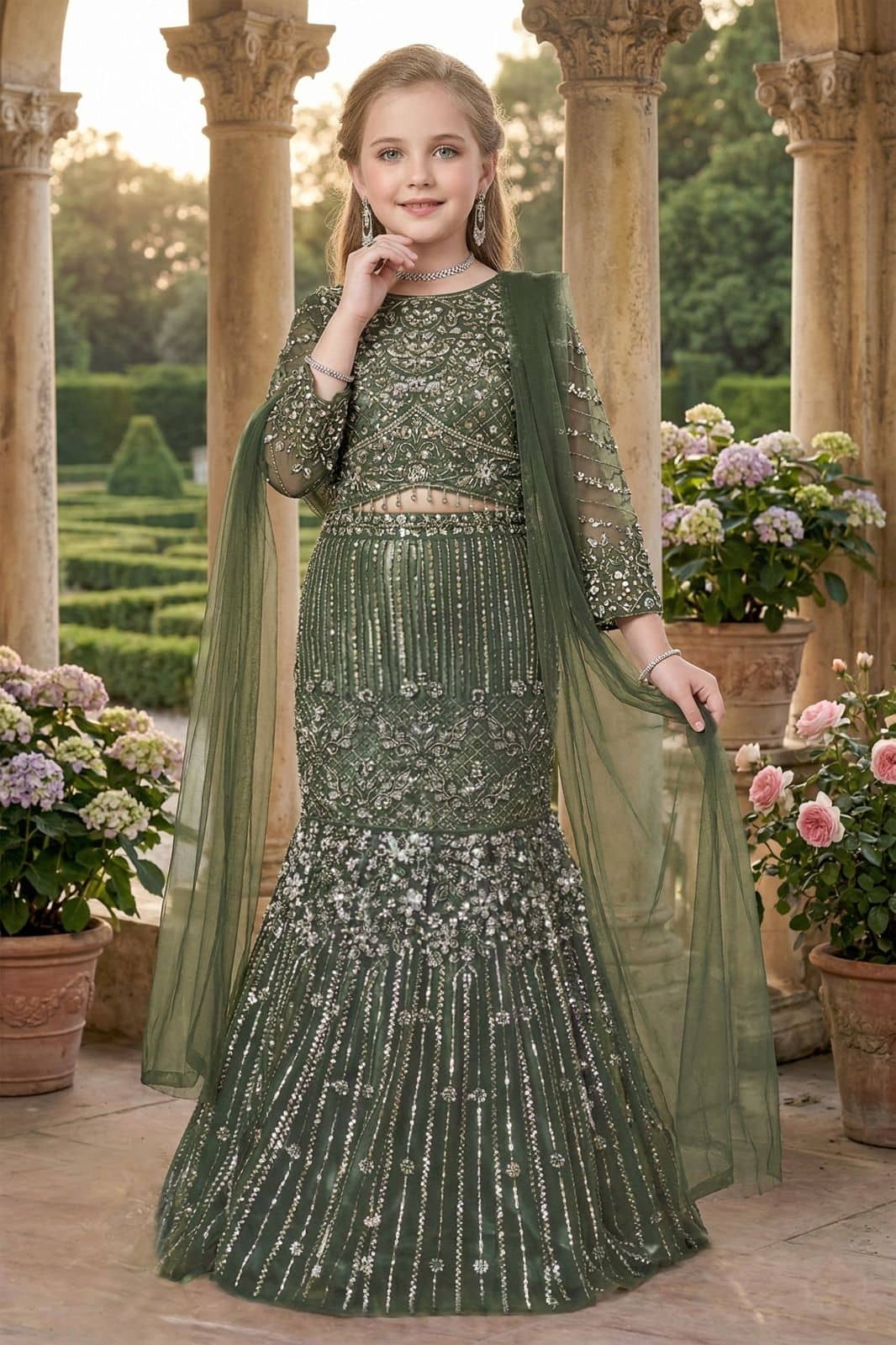 Girls Olive Green Lehenga Choli — new arrival at Nouman Kids Wear