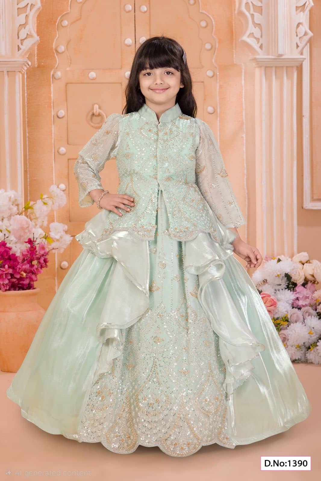 Girls Mint Green Embroidered Gown — new arrival at Nouman Kids Wear